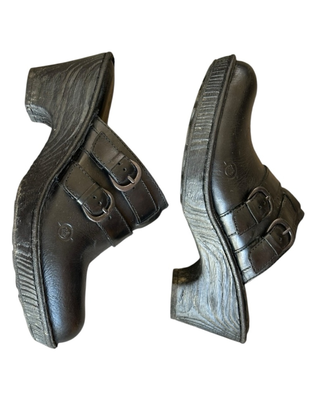 B.O.C Black Leather Slip-on Clogs with Buckle Detail